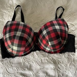 Torrid Plunge Push Up Bra Red and Black Checkered Plaid 46D